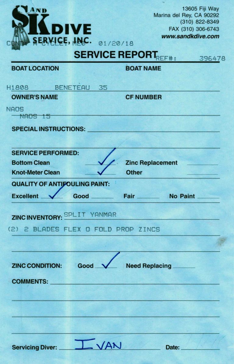 Monthly Status reports on boat condition with Bottom Cleaning from